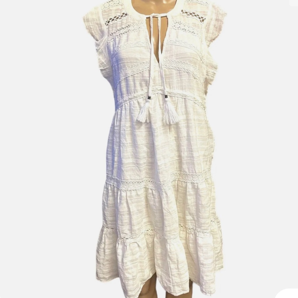 NWT KNOX ROSE WHITE SHORT FLUTTER SLEEVE TIERED BOHO PEASANT SHIFT DRESS